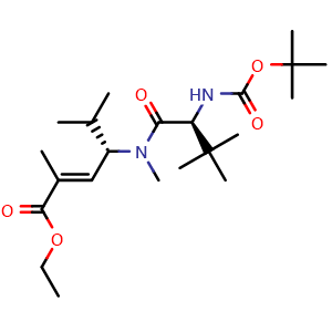 Chemical structure of (S,E)-ethyl 4-((S)-2-((tert-butoxycarbonyl)amino)-N,3,3-trimethylbutanamido)-2,5-dimethylhex-2-enoate , CAS 187345-37-5, AChemBlock W169643