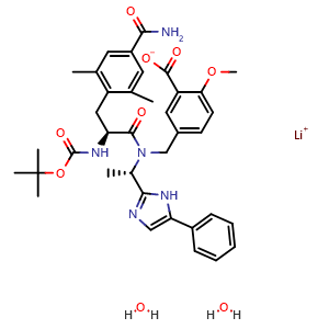 Chemical structure of lithium 5-(((S)-2-((tert-butoxycarbonyl)amino)-3-(4-carbamoyl-2,6-dimethylphenyl)-N-((S)-1-(5-phenyl-1H-imidazol-2-yl)ethyl)propanamido)methyl)-2-methoxybenzoate dihydrate , AChemBlock W169645