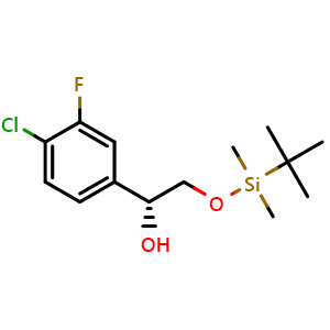 Chemical structure of (R)-2-((tert-butyldimethylsilyl)oxy)-1-(4-chloro-3-fluorophenyl)ethanol , CAS 1395078-43-9, AChemBlock W169650