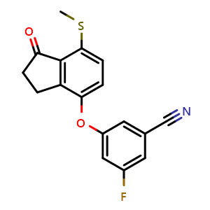 Chemical structure of 3-Fluoro-5-((7-(methylthio)-1-oxo-2,3-dihydro-1H-inden-4-yl)oxy)benzonitrile , CAS 1672665-69-8, AChemBlock W169659