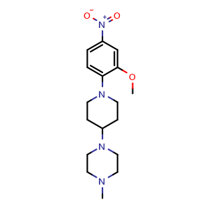 Chemical structure of 1-(1-(2-Methoxy-4-nitrophenyl)piperidin-4-yl)-4-methylpiperazine , CAS 1254058-33-7, AChemBlock W169668