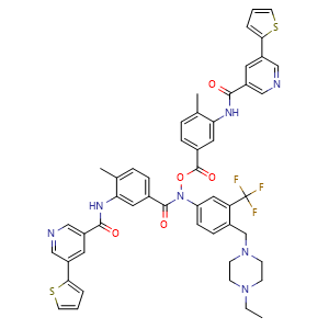 Chemical structure of N-(5-((4-((4-ethylpiperazin-1-yl)methyl)-3-(trifluoromethyl)phenyl)((4-methyl-3-(5-(thiophen-2-yl)nicotinamido)benzoyl)oxy)carbamoyl)-2-methylphenyl)-5-(thiophen-2-yl)nicotinamide , CAS 2444046-00-6, AChemBlock W169675