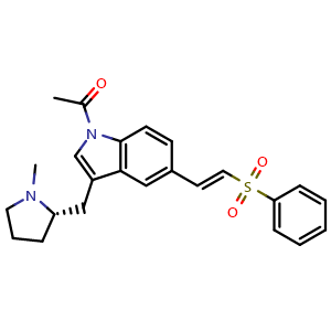 Chemical structure of (S,E)-1-(3-((1-methylpyrrolidin-2-yl)methyl)-5-(2-(phenylsulfonyl)vinyl)-1H-indol-1-yl)ethan-1-one , CAS 2459946-57-5, AChemBlock W169698