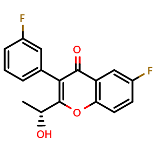 Chemical structure of (R)-6-fluoro-3-(3-fluorophenyl)-2-(1-hydroxyethyl)-4H-chromen-4-one , CAS 1479107-10-2, AChemBlock W169706