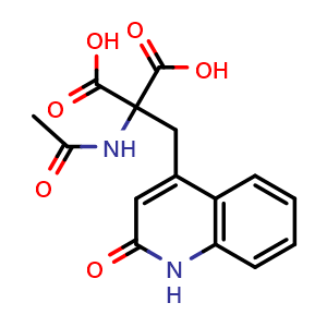 Chemical structure of 2-Acetamido-2-((2-oxo-1,2-dihydroquinolin-4-yl)methyl)malonic acid , CAS 1984832-92-9, AChemBlock W169732