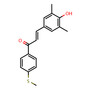 Chemical structure of 1-(4-Methylthiophenyl)-3-(3,5-dimethyl-4-hydroxyphenyl)prop-2-en-1-one , CAS 824932-89-0, AChemBlock W169737