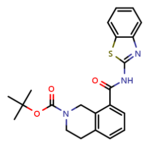 Chemical structure of tert-Butyl 8-(benzo[d]thiazol-2-ylcarbamoyl)-3,4-dihydroisoquinoline-2(1H)-carboxylate , CAS 1235034-71-5, AChemBlock W169753