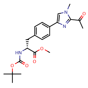 Chemical structure of (R)-methyl 3-(4-(2-acetyl-1-methyl-1H-imidazol-4-yl)phenyl)-2-((tert-butoxycarbonyl)amino)propanoate , CAS 2445094-45-9, AChemBlock W169755