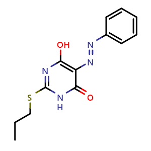 Chemical structure of 6-Hydroxy-5-(2-phenyldiazenyl)-2-(propylthio)-4(3H)-pyrimidinone , CAS 946855-76-1, AChemBlock W169768