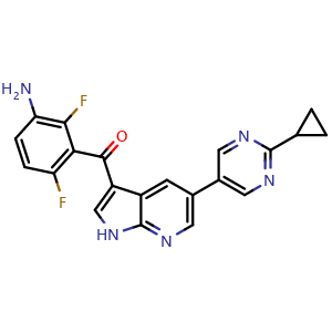 Chemical structure of (3-Amino-2,6-difluorophenyl)(5-(2-cyclopropylpyrimidin-5-yl)-1H-pyrrolo[2,3-b]pyridin-3-yl)methanone , CAS 1859158-65-8, AChemBlock W169772