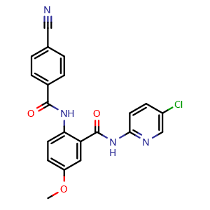 Chemical structure of N-(5-chloropyridin-2-yl)-2-(4-cyanobenzamido)-5-methoxybenzamide , CAS 330942-01-3, AChemBlock W169776