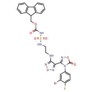 Chemical structure of (9H-fluoren-9-yl)methyl N-(2-((4-(4-(3-bromo-4-fluorophenyl)-5-oxo-4,5-dihydro-1,2,4-oxadiazol-3-yl)-1,2,5-oxadiazol-3-yl)amino)ethyl)sulfamoylcarbamate , CAS 1771804-78-4, AChemBlock W169786