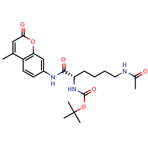 Chemical structure of tert-butyl (1S)-5-(acetylamino)-1-{[(4-methyl-2-oxo-2H-chromen-7-yl)amino]carbonyl}pentylcarbamate , CAS 233691-67-3, AChemBlock W169793