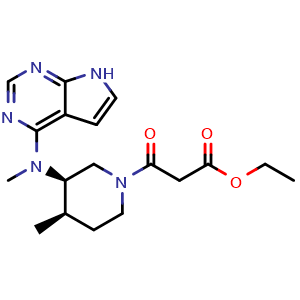Chemical structure of Ethyl 3-((3R,4R)-4-methyl-3-(methyl(7H-pyrrolo[2,3-d]pyrimidin-4-yl)amino)piperidin-1-yl)-3-oxopropanoate , CAS 1675248-18-6, AChemBlock W169795