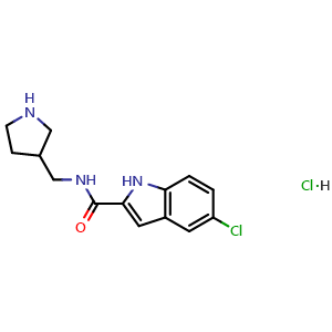 Chemical structure of 5-chloro-N-(pyrrolidin-3-ylmethyl)-1H-indole-2-carboxamide hydrochloride , CAS 2436275-67-9, AChemBlock W169806