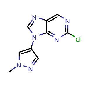 Chemical structure of 2-chloro-9-(1-methyl-1H-pyrazol-4-yl)-9H-purine , CAS 2386703-96-2, AChemBlock W169814