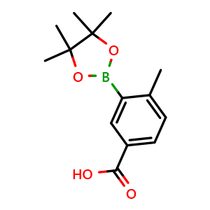 Chemical structure of 4-Methyl-3-(4,4,5,5-tetramethyl-[1,3,2]dioxaborolan-2-yl)benzoic acid , CAS 515131-35-8, AChemBlock W169930
