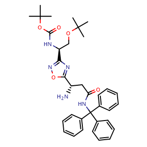 Chemical structure of tert-Butyl ((R)-1-(5-((S)-1-amino-3-oxo-3-(tritylamino)propyl)-1,2,4-oxadiazol-3-yl)-2-(tert-butoxy)ethyl)carbamate , CAS 1673535-02-8, AChemBlock W170113