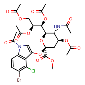 Chemical structure of (1S,2S)-1-((2R,3R,4S,6S)-3-acetamido-4-acetoxy-6-((1-acetyl-5-bromo-4-chloro-1H-indol-3-yl)oxy)-6-(methoxycarbonyl)tetrahydro-2H-pyran-2-yl)propane-1,2,3-triyl triacetate , CAS 153248-53-4, AChemBlock W170117