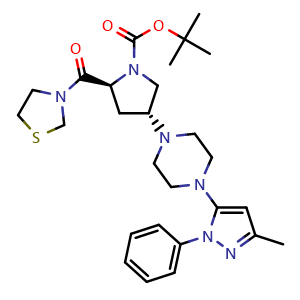 Chemical structure of tert-Butyl (2S,4R)-4-(4-(3-methyl-1-phenyl-1H-pyrazol-5-yl)piperazin-1-yl)-2-(thiazolidine-3-carbonyl)pyrrolidine-1-carboxylate , CAS 1404559-22-3, AChemBlock W170125