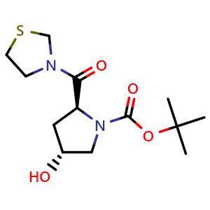 Chemical structure of (2S,4R)-4-Hydroxy-2-(3-thiazolidinylcarbonyl)-1-pyrrolidinecarboxylic acid tert-butyl ester , CAS 401564-30-5, AChemBlock W170126