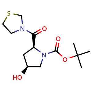 Chemical structure of tert-Butyl (2S,4S)-4-hydroxy-2-(thiazolidine-3-carbonyl)pyrrolidine-1-carboxylate , CAS 401564-34-9, AChemBlock W170129