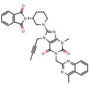 Chemical structure of (R)-7-(But-2-ynyl)-8-(3-(1,3-dioxoisoindolin-2-yl)piperidin-1-yl)-3-methyl-1-((4-methylquinazolin-2-yl)methyl)-1H-purine-2,6(3H,7H)-dione , CAS 886588-63-2, AChemBlock W170171