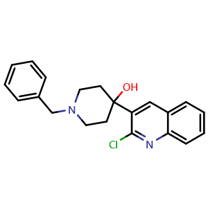 Chemical structure of 3-(1-Benzyl-4-hydroxypiperidin-4-yl)-2-chloroquinoline , CAS 783368-13-8, AChemBlock W170172