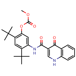 Chemical structure of N-[5-(Methoxycarbonyloxy)-2,4-di(tert-butyl)phenyl]-4-oxo-1H-quinoline-3-carboxamide , CAS 1246213-45-5, AChemBlock W170177