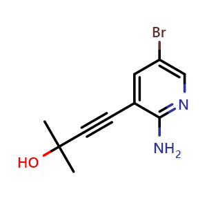 Chemical structure of 4-(2-Amino-5-bromo-3-pyridinyl)-2-methyl-3-butyn-2-ol , CAS 1262985-25-0, AChemBlock W170195