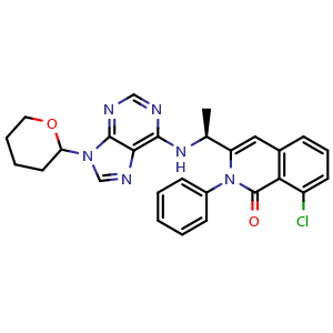 Chemical structure of 8-Chloro-2-phenyl-3-((1S)-1-((9-(tetrahydro-2H-pyran-2-yl)-9H-purin-6-yl)amino)ethyl)isoquinolin-1(2H)-one , CAS 1350643-73-0, AChemBlock W170215