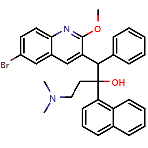 Chemical structure of cis-1-(6-Bromo-2-methoxyquinolin-3-yl)-4-(dimethylamino)-2-(naphthalen-1-yl)-1-phenylbutan-2-ol , CAS 654653-93-7, AChemBlock W170219