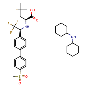 Chemical structure of Dicyclohexylamine (S)-4-fluoro-4-methyl-2-(((S)-2,2,2-trifluoro-1-(4'-(methylsulfonyl)-[1,1'-biphenyl]-4-yl)ethyl)amino)pentanoate , CAS 1064076-86-3, AChemBlock W170221