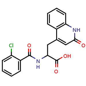Chemical structure of alpha-[(2-Chlorobenzoyl)amino]-1,2-dihydro-2-oxo-4-quinolinepropanoic acid , CAS 90098-06-9, AChemBlock W170223