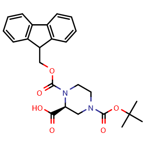 Chemical structure of (S)-1-(((9H-Fluoren-9-yl)methoxy)carbonyl)-4-(tert-butoxycarbonyl)piperazine-2-carboxylic acid , CAS 244132-27-2, AChemBlock W170301