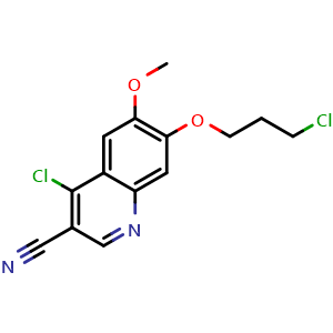 Chemical structure of 4-Chloro-7-(3-chloropropoxy)-6-methoxy-3-quinolinecarbonitrile , CAS 214470-68-5, AChemBlock W170445
