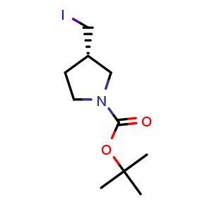 Chemical structure of 3(S)-Iodomethyl-pyrrolidine-1-carboxylic acid tert-butyl ester , CAS 224168-68-7, AChemBlock W170467