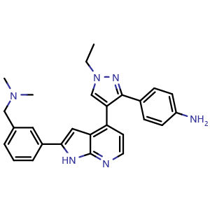 Chemical structure of 3-[4-[3-(4-Aminophenyl)-1-ethyl-1H-pyrazol-4-yl]-1H-pyrrolo[2,3-b]pyridin-2-yl]-N,N-dimethylbenzenemethanamine , CAS 942919-53-1, AChemBlock W170480