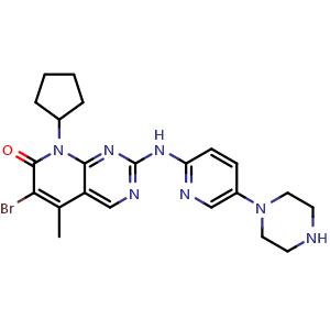 Chemical structure of 6-Bromo-8-cyclopentyl-5-methyl-2-[[5-(1-piperazinyl)-2-pyridinyl]amino]pyrido[2,3-d]pyrimidin-7(8H)-one , CAS 851067-56-6, AChemBlock W170483
