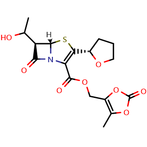 Chemical structure of (5S,6R)-(5-methyl-2-oxo-1,3-dioxol-4-yl)methyl 6-((S)-1-hydroxyethyl)-7-oxo-3-((R)-tetrahydrofuran-2-yl)-4-thia-1-azabicyclo[3 2 0]hept-2-ene-2-carboxylate , AChemBlock W170484
