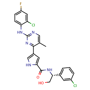 Chemical structure of (R)-4-(2-((2-Chloro-4-fluorophenyl)amino)-5-methylpyrimidin-4-yl)-N-(1-(3-chlorophenyl)-2-hydroxyethyl)-1H-pyrrole-2-carboxamide , CAS 1680187-43-2, AChemBlock W170514