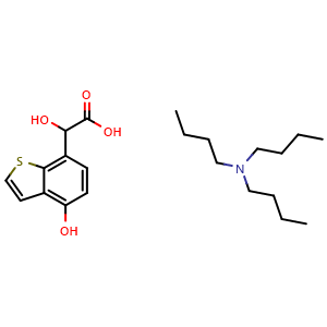 Chemical structure of Benzo[b]thiophene-7-acetic acid, alpha,4-dihydroxy-, compd with (N,N-dibutyl-1-butanamine)(1:1) , CAS 817586-35-9, AChemBlock W170525