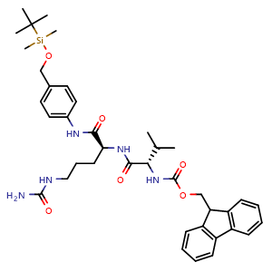 Chemical structure of (9H-Fluoren-9-yl)methyl ((S)-1-(((S)-1-((4-(((tert-butyldimethylsilyl)oxy)methyl)phenyl)amino)-1-oxo-5-ureidopentan-2-yl)amino)-3-methyl-1-oxobutan-2-yl)carbamate , CAS 2403638-96-8, AChemBlock W170529