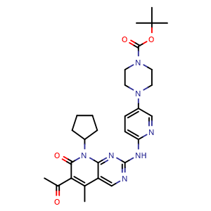 Chemical structure of tert-Butyl 4-(6-((6-acetyl-8-cyclopentyl-5-methyl-7-oxo-7,8-dihydropyrido[2,3-d]pyrimidin-2-yl)amino)pyridin-3-yl)piperazine-1-carboxylate , CAS 1651214-74-2, AChemBlock W170532