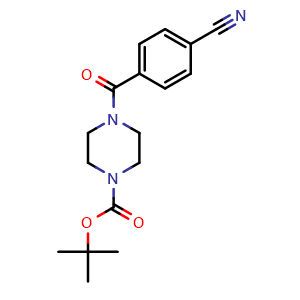 Chemical structure of tert-Butyl 4-(4-cyanobenzoyl)piperazine-1-carboxylate , CAS 220470-24-6, AChemBlock W170546