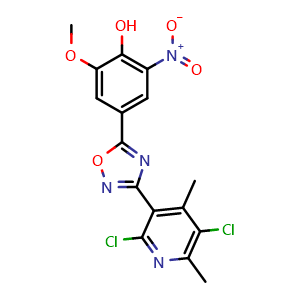 Chemical structure of 4-[3-(2,5-Dichloro-4,6-dimethyl-3-pyridinyl)-1,2,4-oxadiazol-5-yl]-2-methoxy-6-nitrophenol , CAS 1391712-50-7, AChemBlock W170552