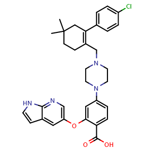 Chemical structure of 2-[(1H-Pyrrolo[2,3-b]pyridin-5-yl)oxy]-4-[4-[[2-(4-chlorophenyl)-4,4-dimethylcyclohex-1-enyl]methyl]piperazin-1-yl]benzoic acid , CAS 1235865-77-6, AChemBlock W170557
