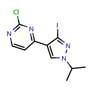 Chemical structure of 2-Chloro-4-[3-iodo-1-(1-methylethyl)-1H-pyrazol-4-yl]pyrimidine , CAS 1269440-58-5, AChemBlock W170559