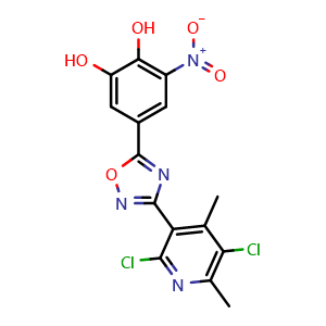 Chemical structure of 5-(3-(2,5-Dichloro-4,6-dimethylpyridin-3-yl)-1,2,4-oxadiazol-5-yl)-3-nitrobenzene-1,2-diol , CAS 952091-17-7, AChemBlock W170567