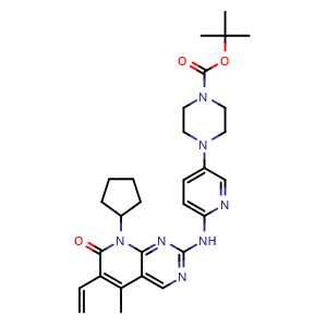 Chemical structure of tert-Butyl 4-(6-((8-cyclopentyl-5-methyl-7-oxo-6-vinyl-7,8-dihydropyrido[2,3-d]pyrimidin-2-yl)amino)pyridin-3-yl)piperazine-1-carboxylate , CAS 1941177-45-2, AChemBlock W170568